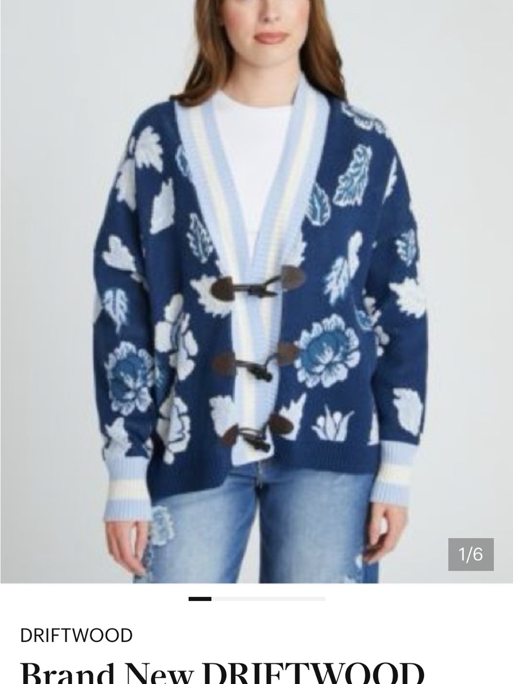 DRIFTWOOD Navy Floral Toggle Cardigan with Light Blue Trim